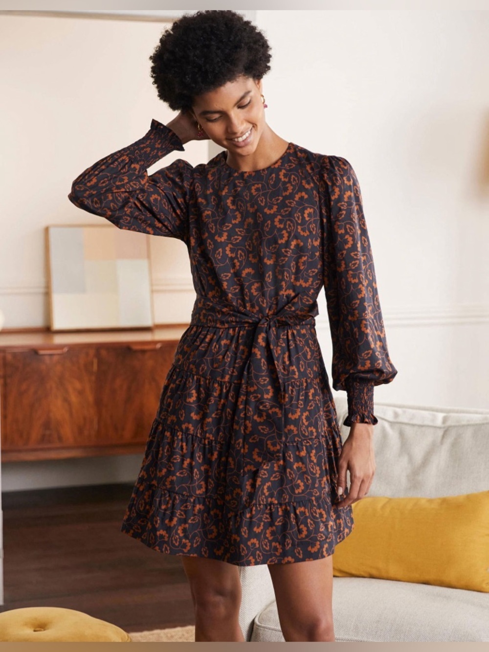 Boden Navy Brown Long Puff Sleeves Tiered Dress Smocked Floral Leaves Cotton 12R - Picture 4 of 12
